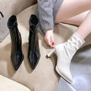 2021 Jeseni Ženske Kratke čevlji Belo Točko Toe Čevlji z Visokimi Petami Moda Strani zadrgo Škorenjčki Debele pete ženski Usnjeni čevlji