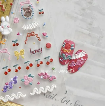 Koreja Srčkan Rabbite Sladica Nail Art Nalepke Piškote Imeti DIY Manikura Reliefni Decals Adhsive Odlikovanja