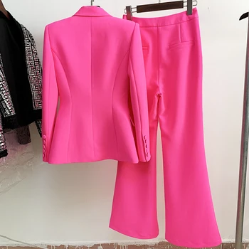 HIGH STREET Najnovejši 2022 S/S Oblikovalec vzletno-pristajalne Steze bo Ustrezala Nastavite Ženske Sam Gumb, Slim Fit Jopič Flare Hlače Obleko, dvodelno, Hot Pink