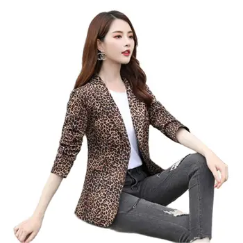 2021 Pomlad Novo Leopard Tiskanja Obleko Ženska Jakna korejski Kratek Moda Slim En Gumb Dolg Rokav Jopič Jopič Plus velikost 4XL 66