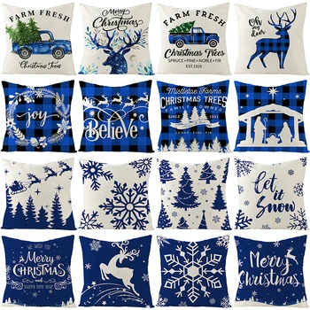 Modro Beli Božič Prevleke Snežinka Elk Tiskanje Blazino Vesel Božič Decors za Dom Božič Navidad Izdelkov Noel 2021New