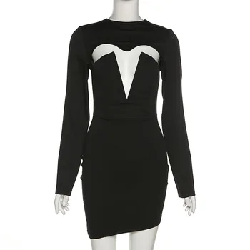 Hirigin Eleganten Dolg Rokav 2021 Pomlad izrežemo Mini Obleka Obleke za Ženske Sexy Klub Stranka Črne Obleke Bodycon Oblačila