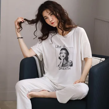 Pajama Določa Ženske Poletje Kratek Rokav Modal More Korejski Kratek Sleepwear Ženske Hlače Doma Obleko Plus Velikost Svoboden Homewear