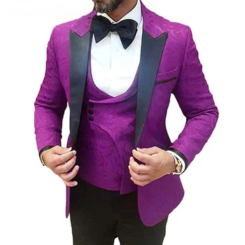 Vijolična Prom Moške Obleke za Poroko Groomsmen Tuxedos 3 kos Cvetlični Vzorec Človek Obleko Nastavite Jopič Telovnik s Črne Hlače Nova Moda