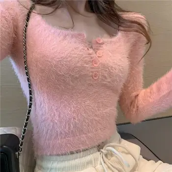 Moher pleteno Rokavi Y2K roza, sladko obreži Zgoraj nežen bodycon vroča dekleta puloverju nizke okrogle ovratnik seksi tulec pulover