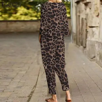 2021 ZANZEA Moda za Ženske Določa Dve Kosov Dolg Rokav Obleke Bohemian Leopard Tiskanja Mestnih Trenirke Priložnostne Hlače Določa Oversize