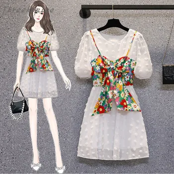 Plus Velikost 2021 Poletje korejski Priložnostne Ženska Dva Kosa Postavlja Trdne Cvetlični O-vratu Dolgo Obleko In Lok Zanko Telovnik Ženski Sladko Obleke