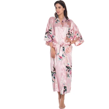 Modri Kitajski Ženske Dolge Svilene Rajon Haljo Kimono Yukata Kopalne Obleke Seksi Perilo Sleepwear Cvet Novost Udobna Oblačila