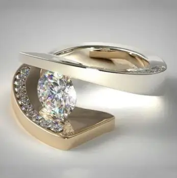 Luksuzni Dvojno Barvo Val Obroči Za Ženske Zlata Kovinske Okrogle Bele Cirkon Crystal Ring Ženski Poroko Pasovih